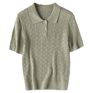 复古绞花POLO翻领短袖针织衫老钱风精纺高支羊毛套头修身上衣新款