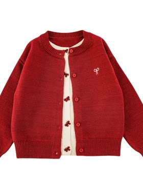 幼悠女童蝴蝶结纽扣假两件开衫2026春秋柔软亲肤复古小温暖毛衣潮