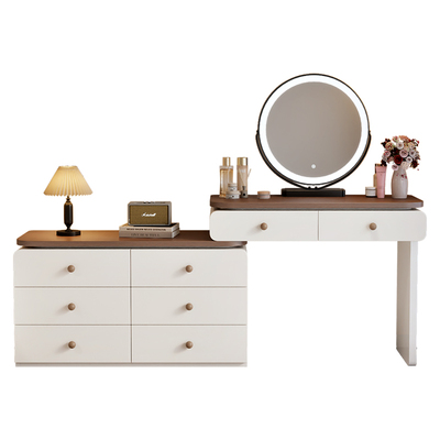 2025新款中古奶油风梳妆台卧室现代简约实木斗柜收纳柜一体化妆桌