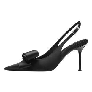 烫社交女鞋黑色布面尖头蝴蝶细高跟一字带后空凉鞋春夏流行女单鞋