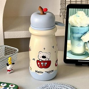 可爱苹果小狗保温杯女生高颜值新款 学生便携杯子带提环316不锈钢