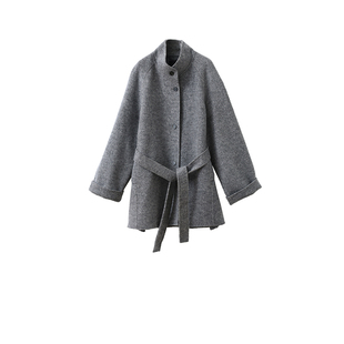 popchrio◆简约立领羊绒羊毛系带双面呢大衣小个子短款毛呢外套女