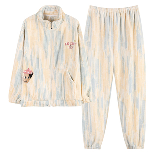 情侣睡衣冬季立领拉链接珊瑚绒加厚加绒女可爱卡通男法兰绒家居服