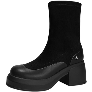 MIO米奥弹力靴2025冬季新款圆头高跟增高厚底瘦瘦靴短靴女靴