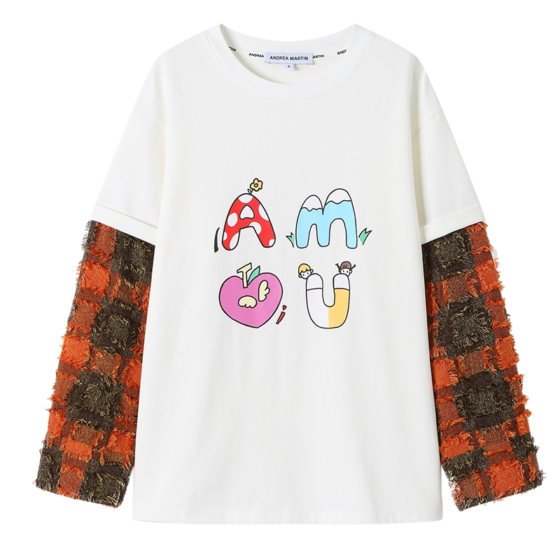 ANDREA MARTIN秋冬新款logo印花衬衫拼接翻袖设计长袖卫衣T恤