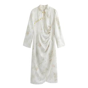 固执春季新款新中式立领提花高腰开叉长袖中长款旗袍连衣裙女