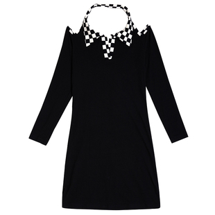 冬季新款格子翻领拼接挂脖大露背性感纯欲风修身包臀连衣裙女