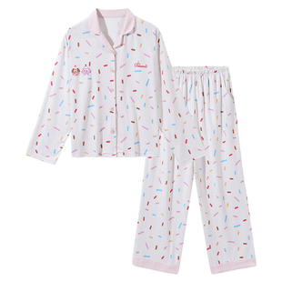 tutuanna秋冬睡衣女 超柔透气面料彩点满印前扣长袖家居服套装女