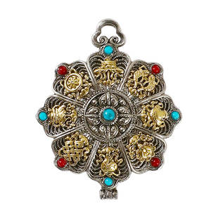 黄铜藏式八吉祥嘎乌盒手工掐丝法轮吊坠可打开男女本命年护身挂件