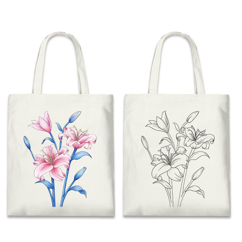 花朵手工绘画帆布包涂鸦diy材料填色节日活动荷花绘画手提环保袋
