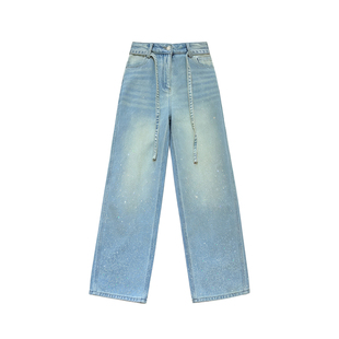 拉夏贝尔高级感烫钻阔腿牛仔裤女春秋新款今年流行高腰宽松直筒裤