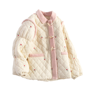 viciusss女童菱形格子棉服2025新款秋冬装儿童新中式轻薄棉衣外套