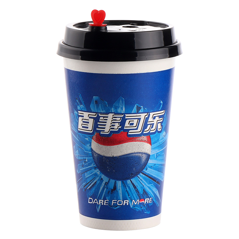 加厚双淋膜400ml500百事可乐杯子一次性商用纸杯带盖1000只可定制