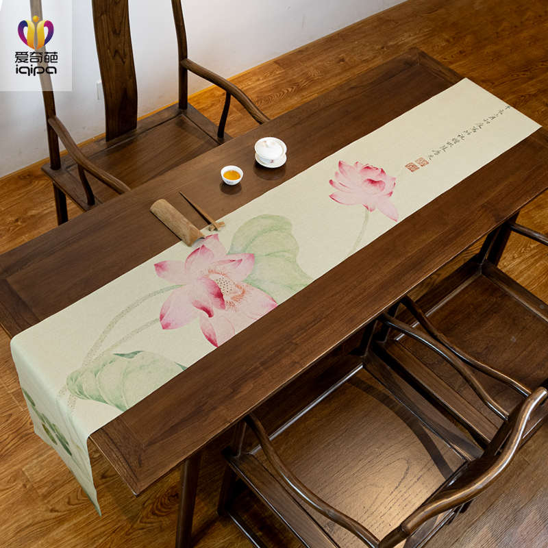 爱奇葩 原创红莲绿藻图桌旗中式禅意茶桌垫布茶席长桌布防水茶旗