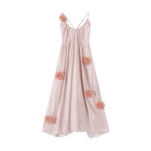 三亚海边度假吊带粉色沙滩裙裙连衣裙海岛旅游立体甜美拍照旅行