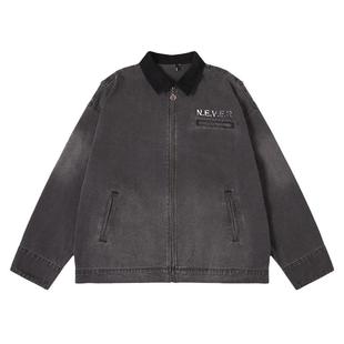 NMAX大码潮牌男装秋新品领口拼接翻领牛仔衣复古做旧短款夹克外套