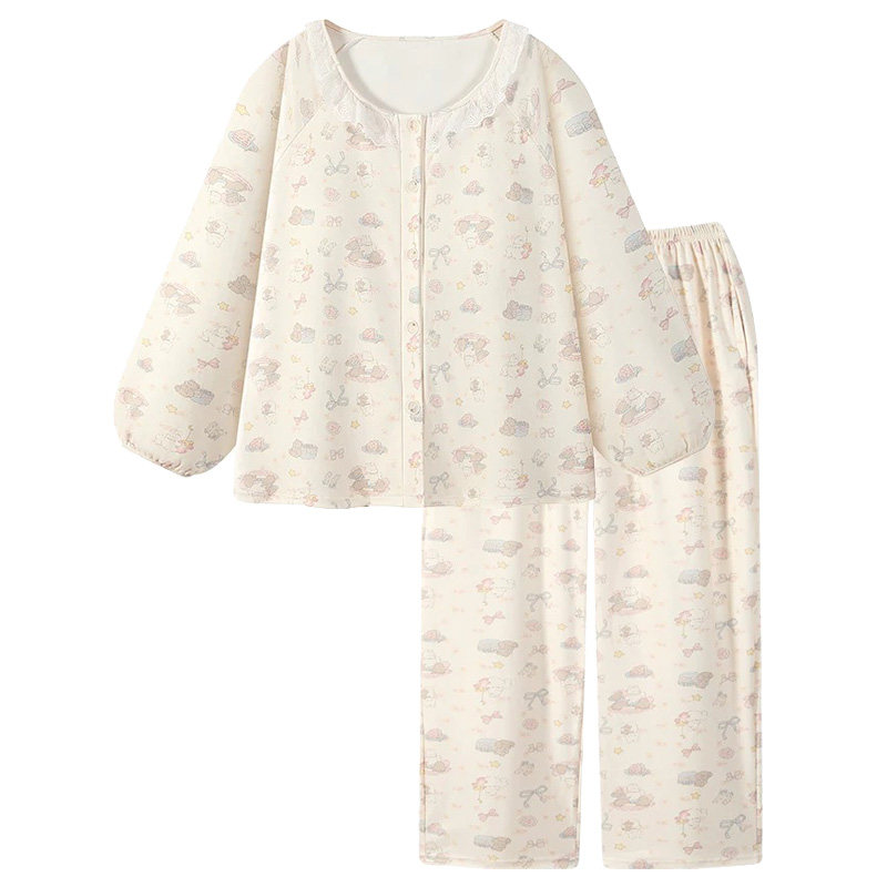 春季长袖德绒睡衣女带胸垫加厚保暖可爱卡通休闲家居服套装可外穿