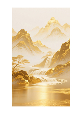 轻奢鎏金山水玄关挂画聚财新中式日照金山流水生财聚宝盆过道壁画