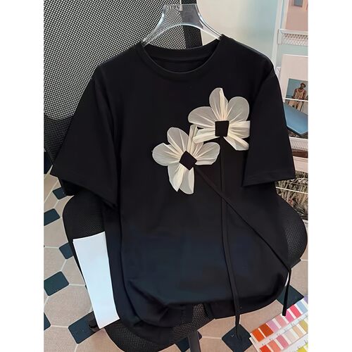 O 40482 Floral Embellished Split Sleeve Top 花朵飘带短袖