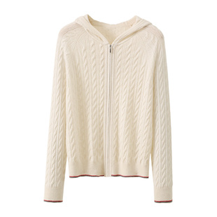 春竹厚款100%山羊绒外套秋冬新款连帽绞花拉链减龄保暖女针织开衫