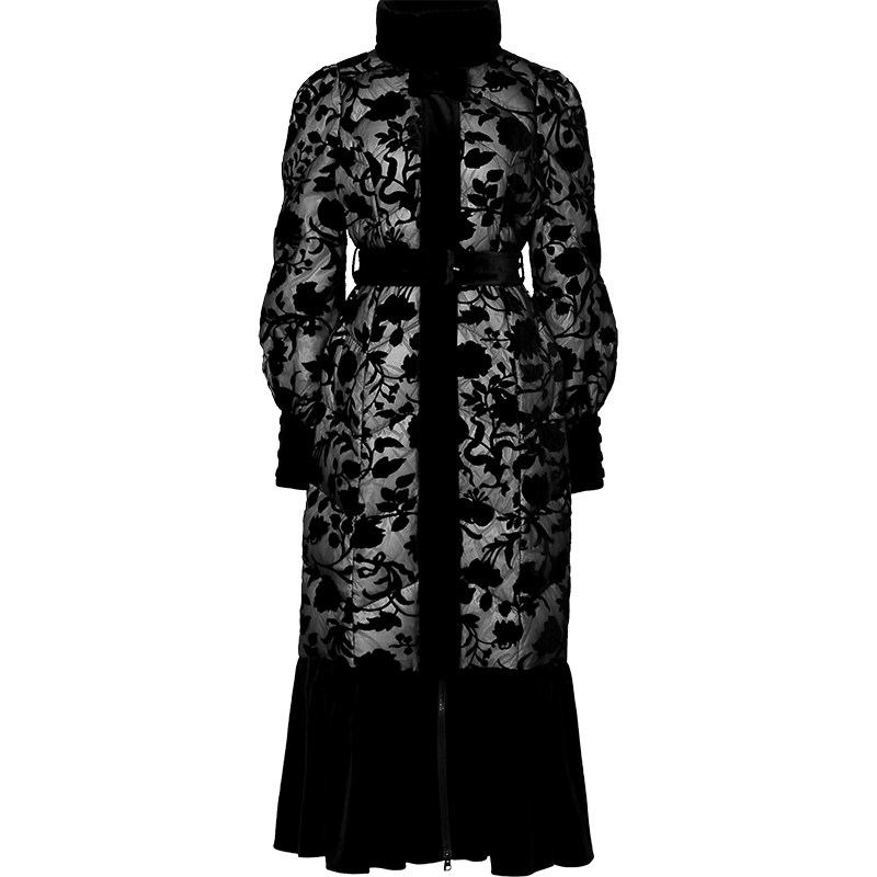 2026冬季新款新中式立领灯笼袖收腰直筒荷叶摆烧花丝绒羽绒服外套
