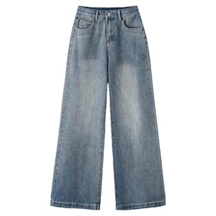 拉夏贝尔满天星烫钻爆闪阔腿牛仔裤女秋冬新款宽松加绒直筒拖地裤