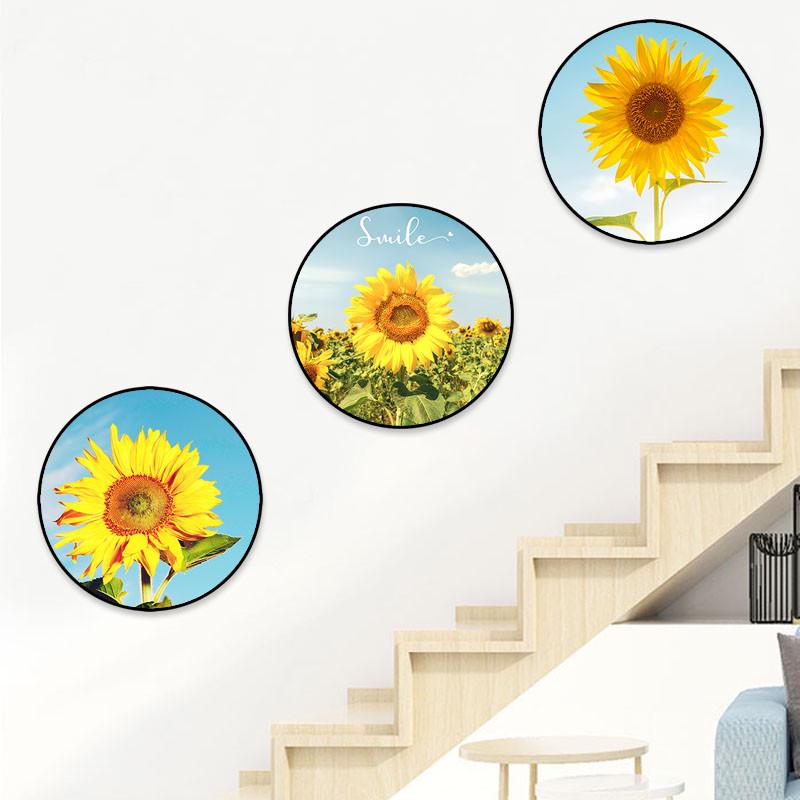 玄关装饰画向日葵田园风格壁画餐厅卧室儿童房卧室床头挂画圆形画