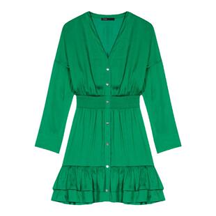 Maje Outlets春夏女装绿色荷叶边深V领口长袖收腰连衣裙蛋糕裙
