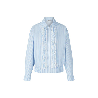 HERLIAN春季女士蕾丝花边装饰条纹夹克外套