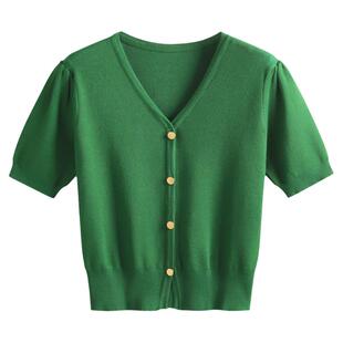 绿色V领短袖开衫女春夏季新款百搭修身短款针织衫金属扣韩版上衣