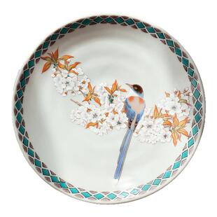 现货日本进口九谷烧日式餐具雅致古典花鸟樱花雀鸟16cm小盘分餐盘