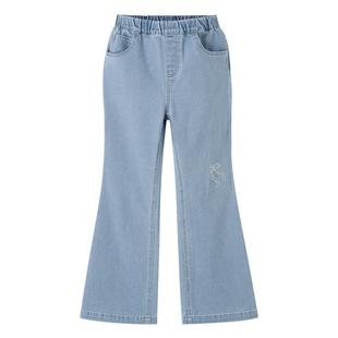 安奈儿童装女童牛仔裤秋新款微喇弹力裤子甜美时尚浅蓝色长裤