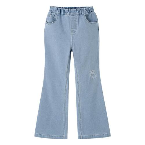 安奈儿童装女童牛仔裤2025秋新款微喇弹力裤子甜美时尚浅蓝色长裤