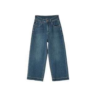 高定四面弹!~设计感刺绣直筒牛仔裤女秋冬新款宽松九分阔腿裤子