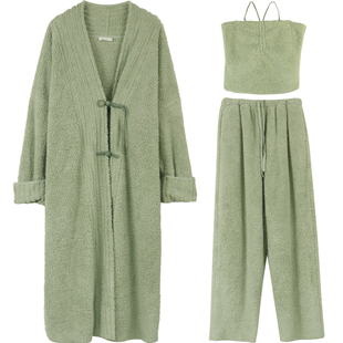 朵朵可可秋冬季吊带长裤长袍外套珊瑚绒睡衣女家居三件套装