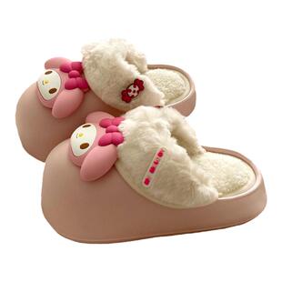 可爱到冒泡~INS卡通美乐蒂厚底棉拖鞋冬季外穿保暖包头毛毛拖女潮