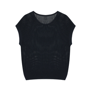 pusumede 朦胧美感 镂空短袖针织衫女微透圆领气质宽松慵懒上衣