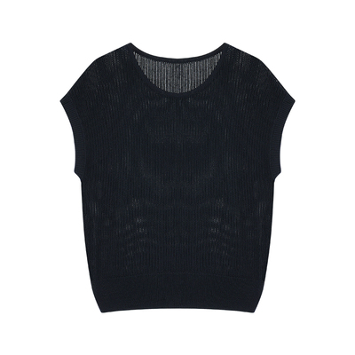 pusumede 朦胧美感 镂空短袖针织衫女微透圆领气质宽松慵懒上衣