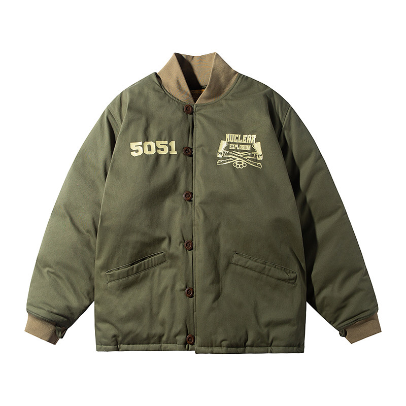 核爆炸5051新款立领短款超大码加厚保暖复古军绿粗布棉衣棉服棉袄