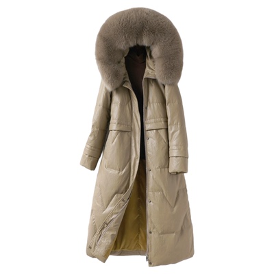 绵羊皮羽绒服中长款收腰狐狸毛领