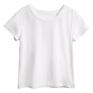 春也白 简约白色纯棉短袖T恤女夏大圆领正肩内搭打底衫露锁骨上衣