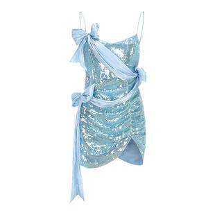 ARTE PURA蓝色蝴蝶结吊带裙女原创设计轻奢浪漫亮片缎面短裙