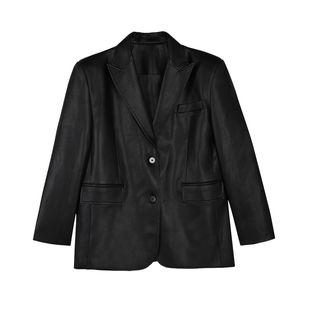 ousph黑色PU皮衣西装领外套女休闲秋高级质感宽松加厚夹克机动车