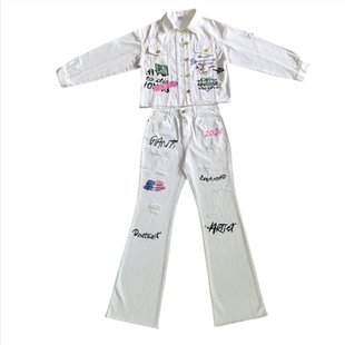 潮牌欧洲站2025秋季洋气休闲时尚休闲外套裤子白色牛仔女装套装