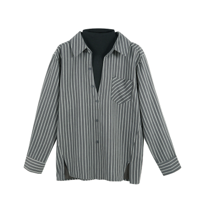 条纹假两件衬衫女深V设计感叠穿