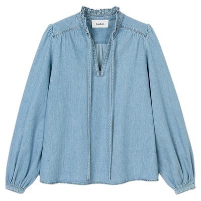 ba&sh泡泡袖牛仔花边领衬衫