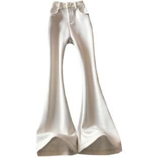 杏白色高腰微喇裤女秋冬季加绒新款显瘦修身拖地长裤垂感喇叭裤子