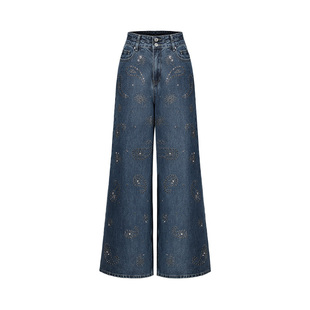 CHICHY复古腰果花烫钻深蓝色牛仔裤女春季新款高腰显瘦阔腿直筒裤