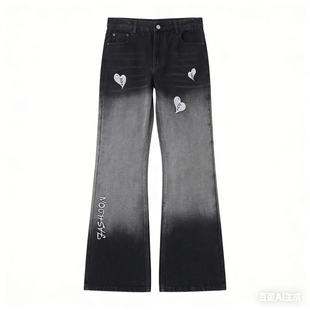 班尼路SK爱心字母刺绣牛仔裤男款秋冬季痞帅裤子美式高街微喇裤YS