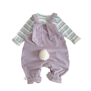 婴儿灯芯绒背带裤春秋连体衣条纹长袖T恤套装女宝宝哈衣百搭爬服